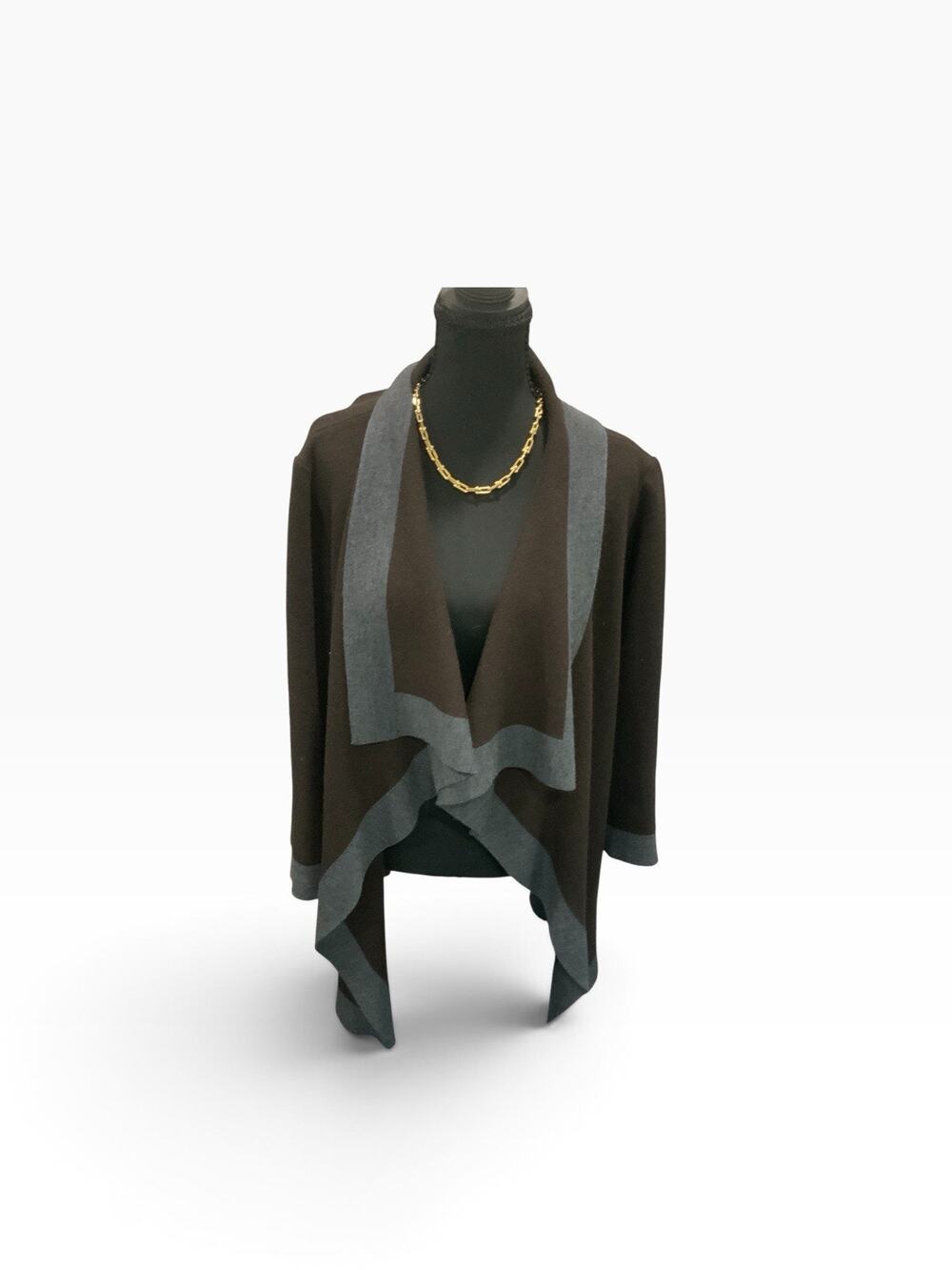 St John Collection - Drape Front Cardigan - Brown Gray Trim- Luxury Knit - XL